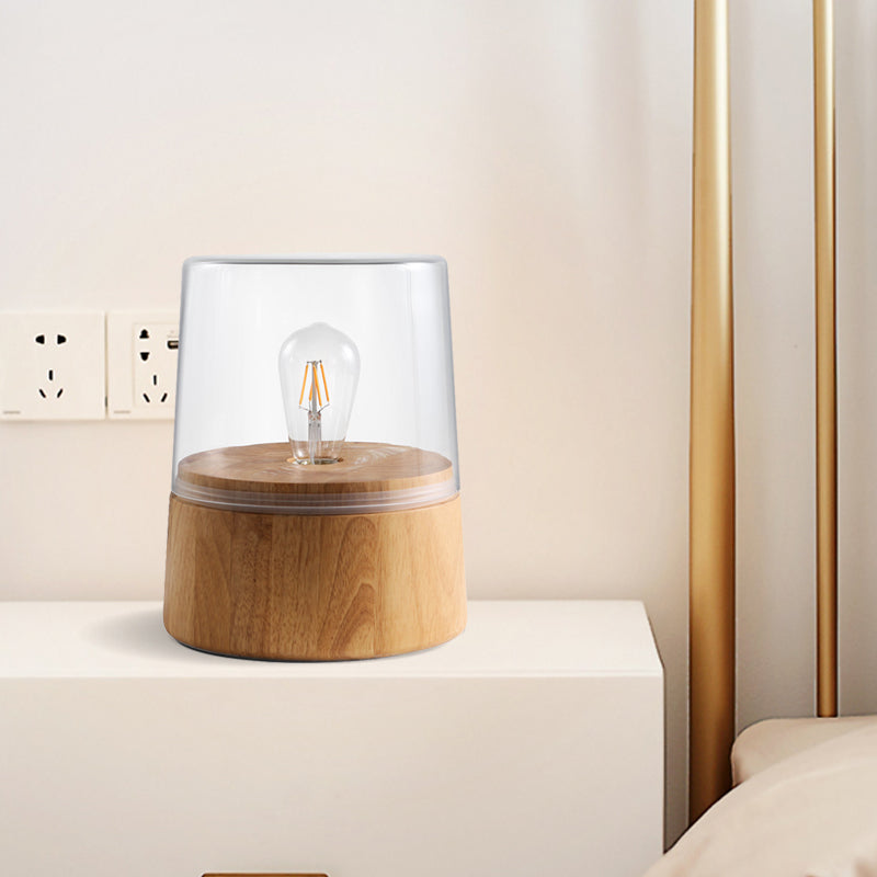 Translucent Glass Jar Table Lighting Nordic 1 Light Nightstand Lamp with Wood Round Pedestal Clearhalo 'Lamps' 'Table Lamps' Lighting' 1455243