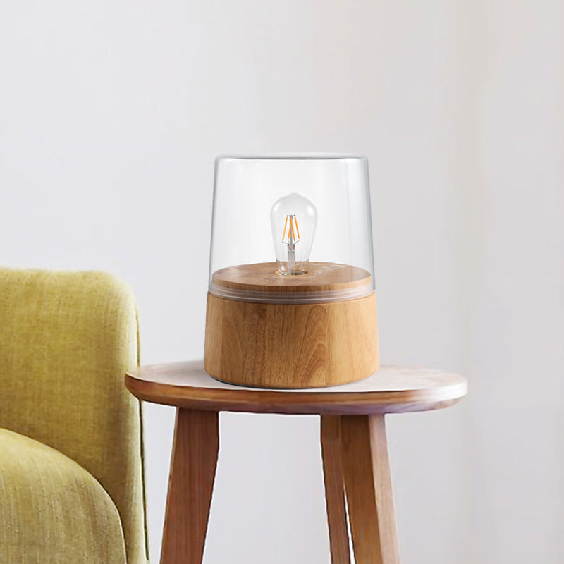 Translucent Glass Jar Table Lighting Nordic 1 Light Nightstand Lamp with Wood Round Pedestal Clearhalo 'Lamps' 'Table Lamps' Lighting' 1455244