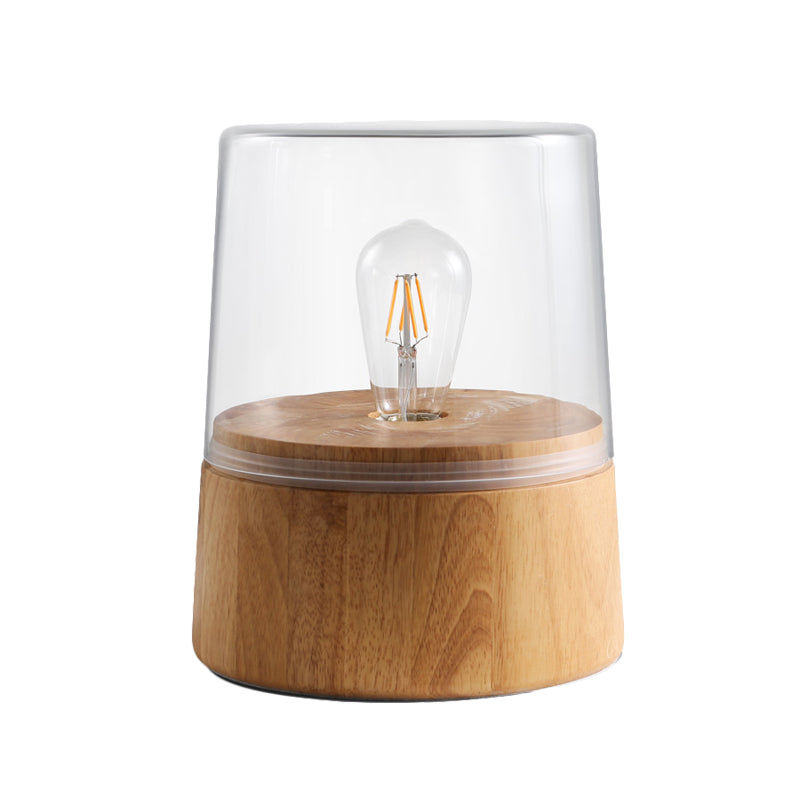 Translucent Glass Jar Table Lighting Nordic 1 Light Nightstand Lamp with Wood Round Pedestal Clearhalo 'Lamps' 'Table Lamps' Lighting' 1455245