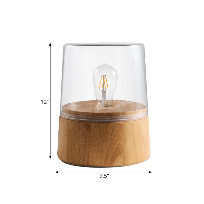 Translucent Glass Jar Table Lighting Nordic 1 Light Nightstand Lamp with Wood Round Pedestal Clearhalo 'Lamps' 'Table Lamps' Lighting' 1455246