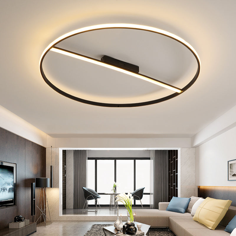 Thin Circle Flush Mounted Lamp Minimalist Acrylic Black 18"/23.5" Dia LED Ceiling Fixture with Glow Cross Bar, Warm/White Light Black Clearhalo 'Ceiling Lights' 'Close To Ceiling Lights' 'Close to ceiling' 'Flush mount' Lighting' 1455309