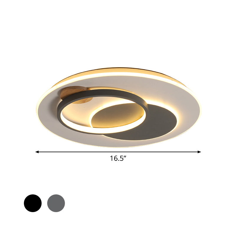 Minimal Intersected Circle Ceiling Light Iron Bedroom 16.5"/20.5" Wide LED Flushmount Lighting in Black/Grey, Warm/White Light - Clearhalo - 'Ceiling Lights' - 'Close To Ceiling Lights' - 'Close to ceiling' - 'Flush mount' - Lighting' - 1455345