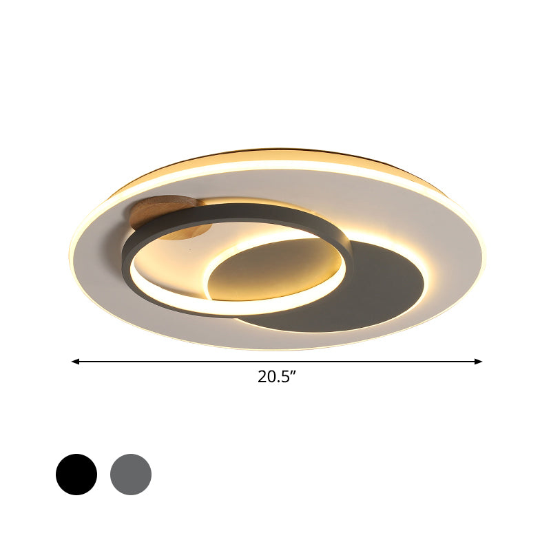 Minimal Intersected Circle Ceiling Light Iron Bedroom 16.5"/20.5" Wide LED Flushmount Lighting in Black/Grey, Warm/White Light - Clearhalo - 'Ceiling Lights' - 'Close To Ceiling Lights' - 'Close to ceiling' - 'Flush mount' - Lighting' - 1455346