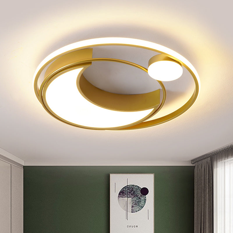 Black/Gold Waxing Moon Flush Mount Light Modern Acrylic 16"/19.5" Dia LED Ceiling Lighting with Orbital Side Design, Warm/White Light - Clearhalo - 'Ceiling Lights' - 'Close To Ceiling Lights' - 'Close to ceiling' - 'Flush mount' - Lighting' - 1455397