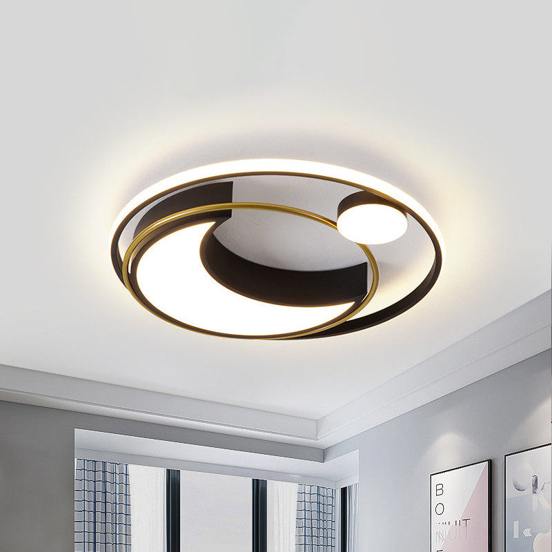 Black/Gold Waxing Moon Flush Mount Light Modern Acrylic 16"/19.5" Dia LED Ceiling Lighting with Orbital Side Design, Warm/White Light - Black - Clearhalo - 'Ceiling Lights' - 'Close To Ceiling Lights' - 'Close to ceiling' - 'Flush mount' - Lighting' - 1455404