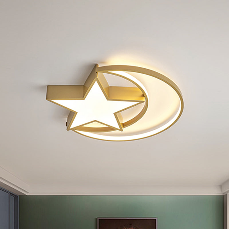 Crescent-Star Surface Ceiling Light Contemporary Iron Bedroom 16"/19.5" Wide LED Flush Mount in Gold