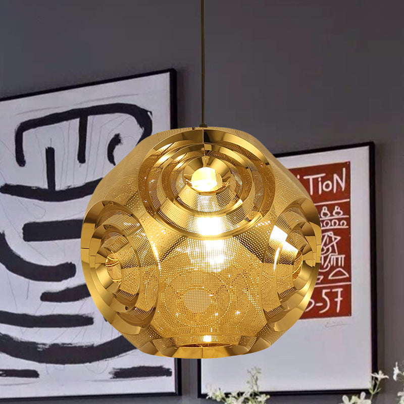 Stainless Steel Sphere Pendant Lamp Colonial 1-Head Cafe Suspension Light with Cutout Design in Chrome/Gold/Rose Gold, 11"/15" W Gold Clearhalo 'Ceiling Lights' 'Pendant Lights' 'Pendants' Lighting' 1455584_32cc26a4-d888-473f-aa92-e4bf6fe0e1b6