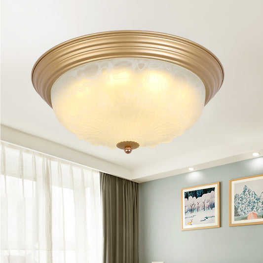 Gold 2/3 Heads Ceiling Light Colonial White Glass Bowl Shape Flush Mount Recessed Lighting, 16"/19.5" Width Gold Clearhalo 'Ceiling Lights' 'Close To Ceiling Lights' 'Close to ceiling' 'Flush mount' Lighting' 1455613