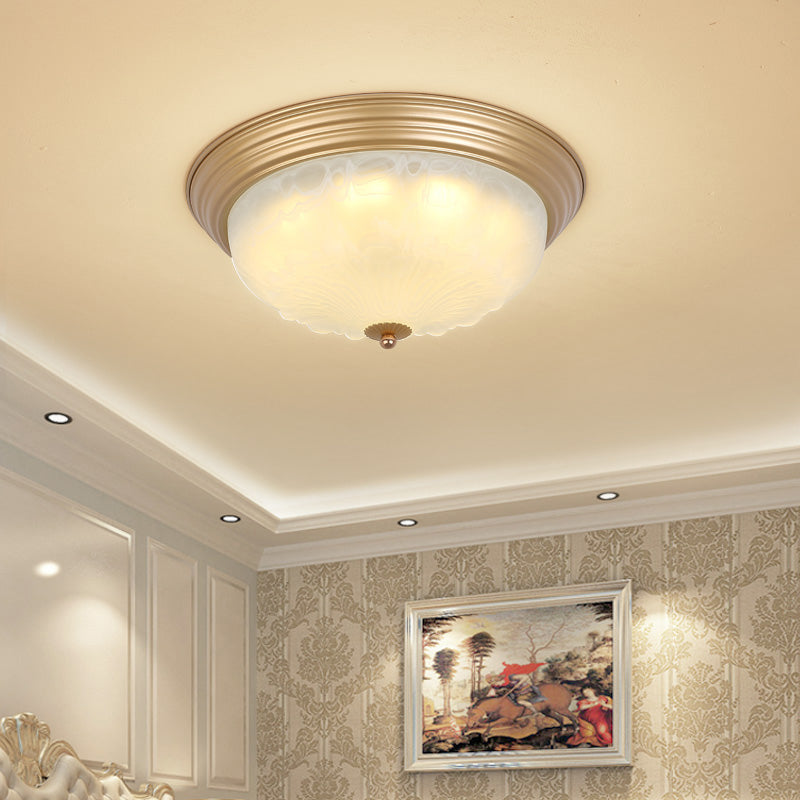 Gold 2/3 Heads Ceiling Light Colonial White Glass Bowl Shape Flush Mount Recessed Lighting, 16"/19.5" Width Clearhalo 'Ceiling Lights' 'Close To Ceiling Lights' 'Close to ceiling' 'Flush mount' Lighting' 1455614