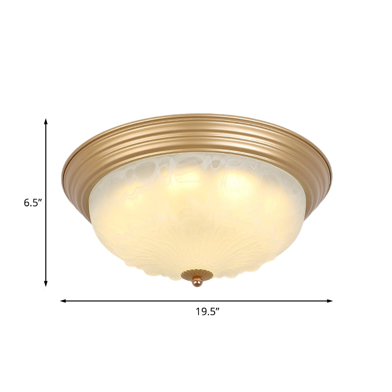 Gold 2/3 Heads Ceiling Light Colonial White Glass Bowl Shape Flush Mount Recessed Lighting, 16"/19.5" Width Clearhalo 'Ceiling Lights' 'Close To Ceiling Lights' 'Close to ceiling' 'Flush mount' Lighting' 1455618