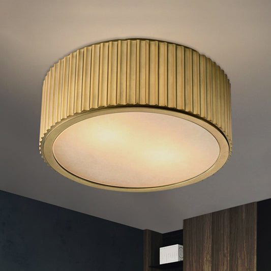 Frosted Glass Gold Ceiling Fixture Circular 3 Bulbs Colonialism Flush Mount Recessed Lighting, 12"/16" Wide Gold Clearhalo 'Ceiling Lights' 'Close To Ceiling Lights' 'Close to ceiling' 'Flush mount' Lighting' 1455629