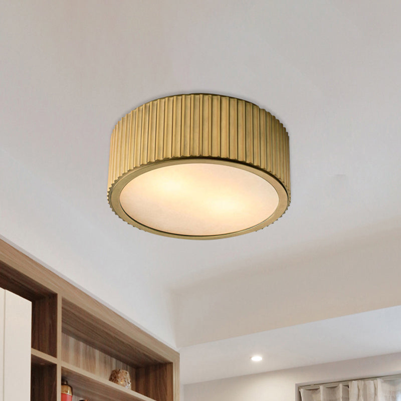 Frosted Glass Gold Ceiling Fixture Circular 3 Bulbs Colonialism Flush Mount Recessed Lighting, 12"/16" Wide Clearhalo 'Ceiling Lights' 'Close To Ceiling Lights' 'Close to ceiling' 'Flush mount' Lighting' 1455630