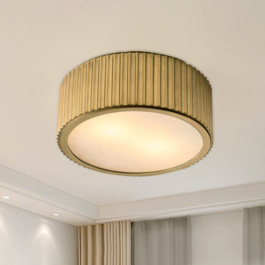 Frosted Glass Gold Ceiling Fixture Circular 3 Bulbs Colonialism Flush Mount Recessed Lighting, 12"/16" Wide Clearhalo 'Ceiling Lights' 'Close To Ceiling Lights' 'Close to ceiling' 'Flush mount' Lighting' 1455631
