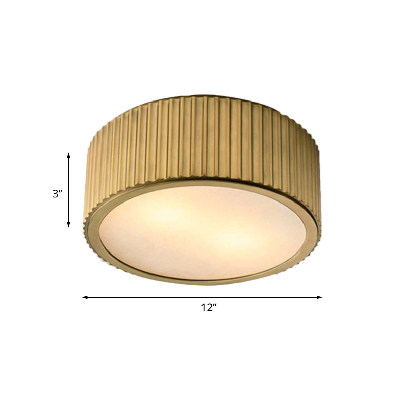 Frosted Glass Gold Ceiling Fixture Circular 3 Bulbs Colonialism Flush Mount Recessed Lighting, 12"/16" Wide Clearhalo 'Ceiling Lights' 'Close To Ceiling Lights' 'Close to ceiling' 'Flush mount' Lighting' 1455633