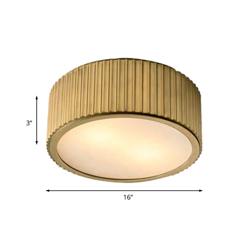 Frosted Glass Gold Ceiling Fixture Circular 3 Bulbs Colonialism Flush Mount Recessed Lighting, 12"/16" Wide Clearhalo 'Ceiling Lights' 'Close To Ceiling Lights' 'Close to ceiling' 'Flush mount' Lighting' 1455634