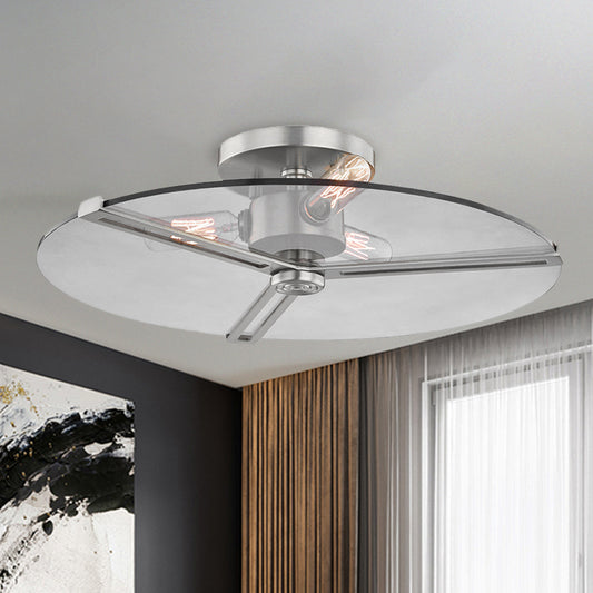 3 Lights Clear Glass Ceiling Lamp Colonialism Chrome/Gold Disk Bedroom Semi Flush Mount Light Fixture Chrome Clearhalo 'Ceiling Lights' 'Close To Ceiling Lights' 'Close to ceiling' 'Glass shade' 'Glass' 'Pendant Lights' 'Semi-flushmount' Lighting' 1455635