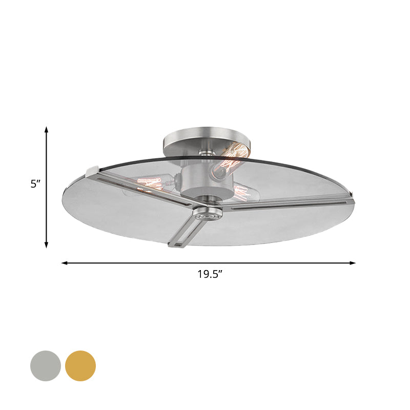 3 Lights Clear Glass Ceiling Lamp Colonialism Chrome/Gold Disk Bedroom Semi Flush Mount Light Fixture Clearhalo 'Ceiling Lights' 'Close To Ceiling Lights' 'Close to ceiling' 'Glass shade' 'Glass' 'Pendant Lights' 'Semi-flushmount' Lighting' 1455639