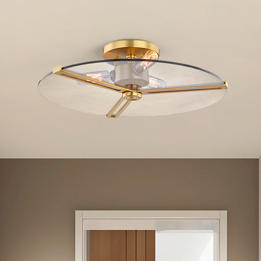 3 Lights Clear Glass Ceiling Lamp Colonialism Chrome/Gold Disk Bedroom Semi Flush Mount Light Fixture Gold Clearhalo 'Ceiling Lights' 'Close To Ceiling Lights' 'Close to ceiling' 'Glass shade' 'Glass' 'Pendant Lights' 'Semi-flushmount' Lighting' 1455640