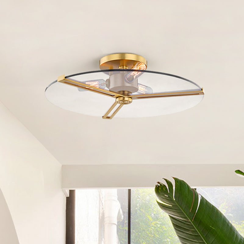 3 Lights Clear Glass Ceiling Lamp Colonialism Chrome/Gold Disk Bedroom Semi Flush Mount Light Fixture Clearhalo 'Ceiling Lights' 'Close To Ceiling Lights' 'Close to ceiling' 'Glass shade' 'Glass' 'Pendant Lights' 'Semi-flushmount' Lighting' 1455642