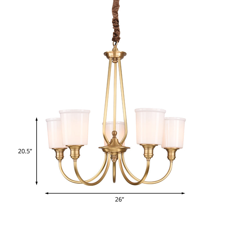 White Glass Cylinder Chandelier Light Colonialism 3/5 Lights Bedroom Pendant Lighting Fixture in Gold Clearhalo 'Ceiling Lights' 'Chandeliers' Lighting' options 1455690
