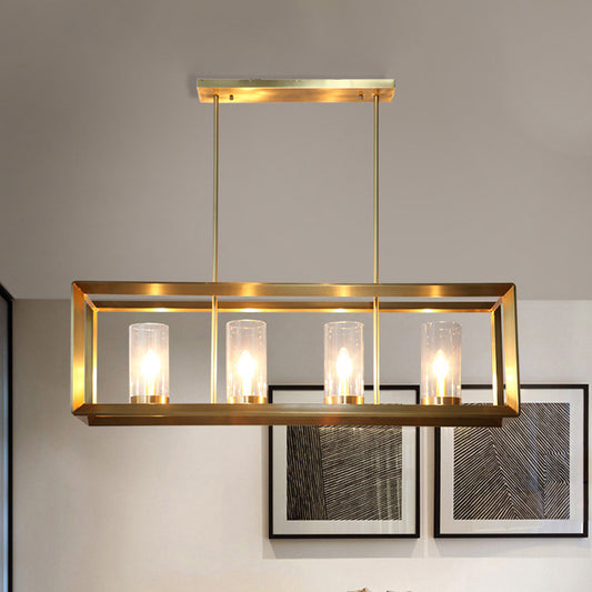 3/4 Bulbs Island Ceiling Light Colonial Cylindrical Clear Glass Suspension Lamp in Gold with Rectangle Metal Cage 4 Gold Clearhalo 'Ceiling Lights' 'Island Lights' Lighting' 1455731