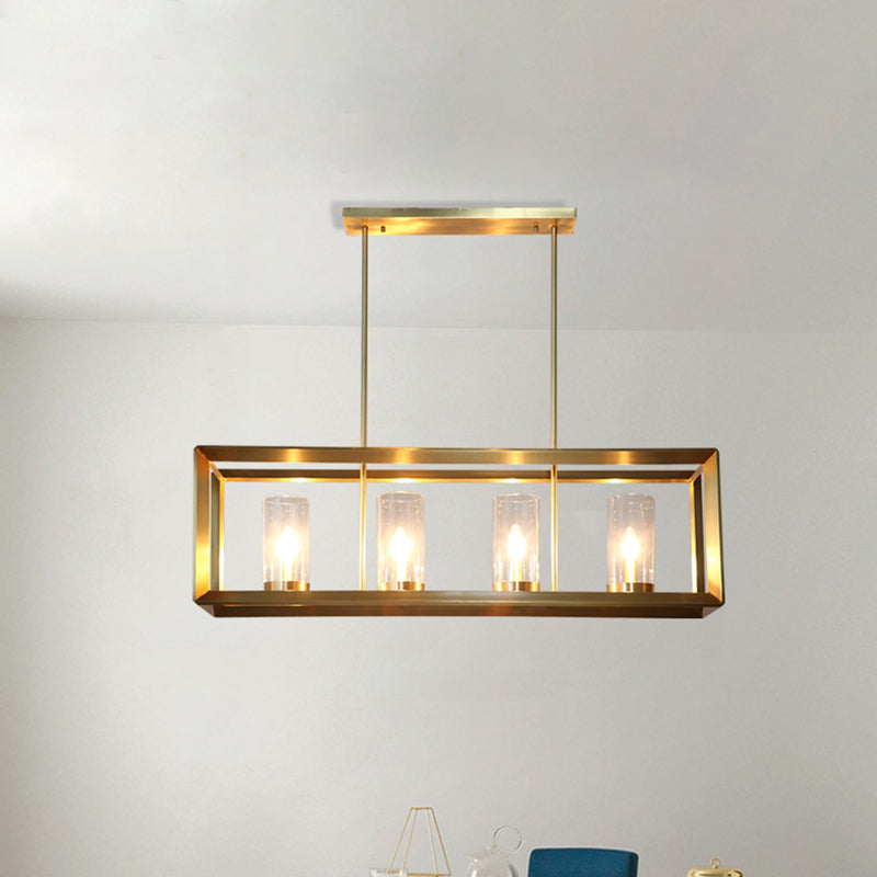 3/4 Bulbs Island Ceiling Light Colonial Cylindrical Clear Glass Suspension Lamp in Gold with Rectangle Metal Cage Clearhalo 'Ceiling Lights' 'Island Lights' Lighting' 1455732
