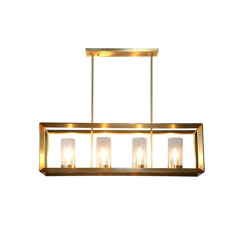3/4 Bulbs Island Ceiling Light Colonial Cylindrical Clear Glass Suspension Lamp in Gold with Rectangle Metal Cage Clearhalo 'Ceiling Lights' 'Island Lights' Lighting' 1455734