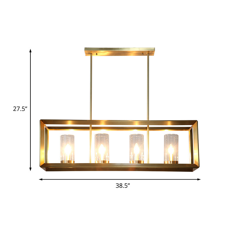 3/4 Bulbs Island Ceiling Light Colonial Cylindrical Clear Glass Suspension Lamp in Gold with Rectangle Metal Cage Clearhalo 'Ceiling Lights' 'Island Lights' Lighting' 1455735
