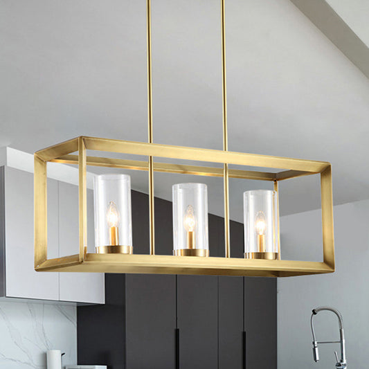 3/4 Bulbs Island Ceiling Light Colonial Cylindrical Clear Glass Suspension Lamp in Gold with Rectangle Metal Cage 3 Gold Clearhalo 'Ceiling Lights' 'Island Lights' Lighting' 1455736