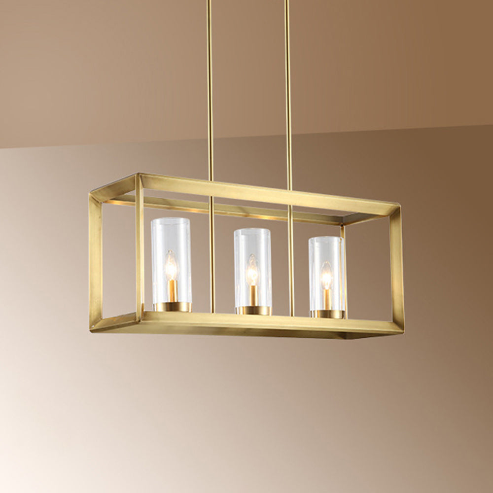3/4 Bulbs Island Ceiling Light Colonial Cylindrical Clear Glass Suspension Lamp in Gold with Rectangle Metal Cage Clearhalo 'Ceiling Lights' 'Island Lights' Lighting' 1455737