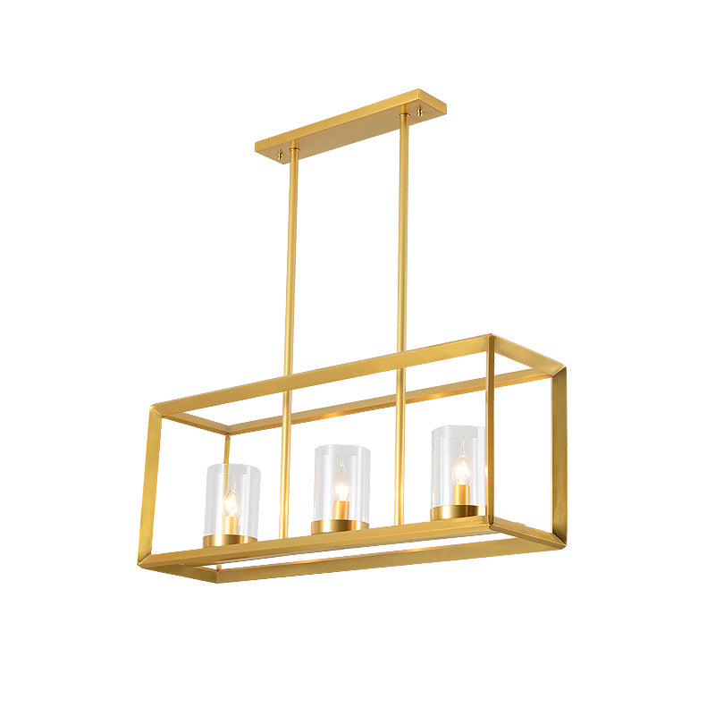 3/4 Bulbs Island Ceiling Light Colonial Cylindrical Clear Glass Suspension Lamp in Gold with Rectangle Metal Cage Clearhalo 'Ceiling Lights' 'Island Lights' Lighting' 1455738
