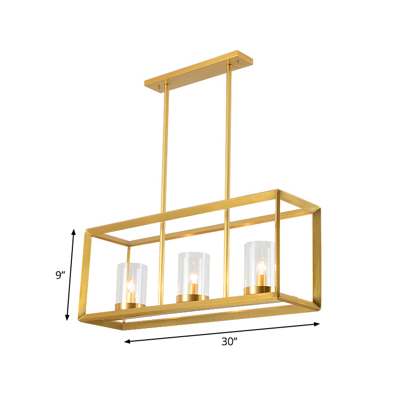 3/4 Bulbs Island Ceiling Light Colonial Cylindrical Clear Glass Suspension Lamp in Gold with Rectangle Metal Cage Clearhalo 'Ceiling Lights' 'Island Lights' Lighting' 1455739