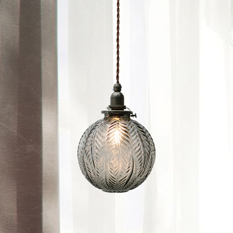 Colonial Global Pendant Light Fixture 1-Head Clear/Smoke Gray Glass Hanging Lamp Kit with Feather Design Clearhalo 'Ceiling Lights' 'Close To Ceiling Lights' 'Glass shade' 'Glass' 'Pendant Lights' 'Pendants' Lighting' 1455757