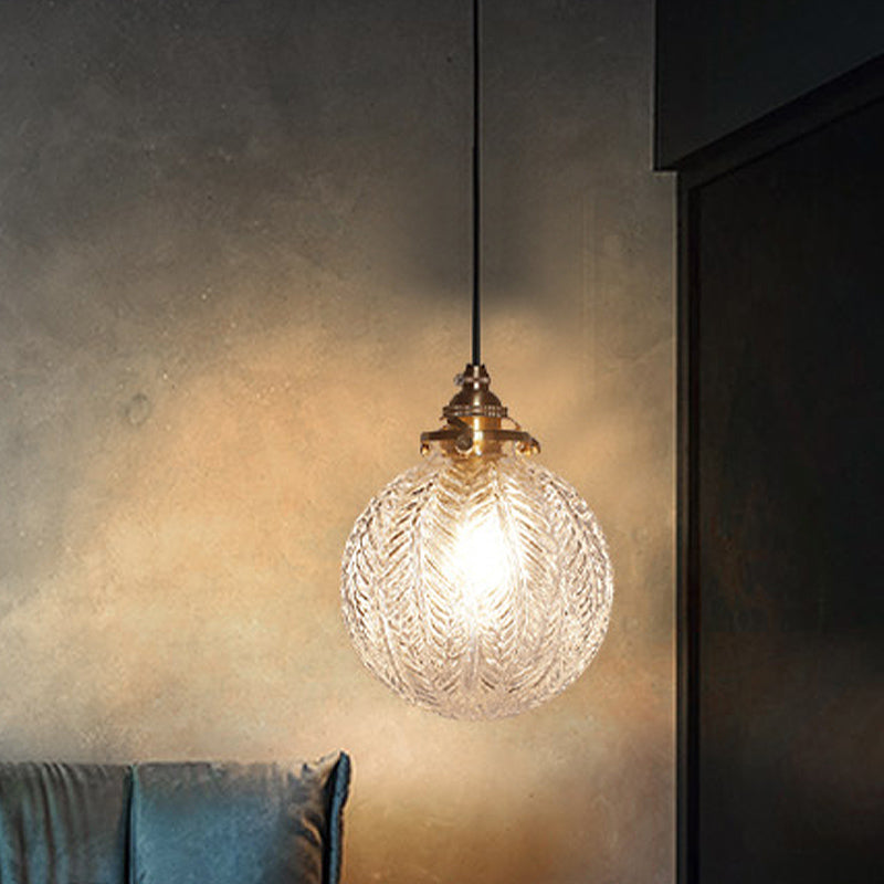 Colonial Global Pendant Light Fixture 1-Head Clear/Smoke Gray Glass Hanging Lamp Kit with Feather Design Clearhalo 'Ceiling Lights' 'Close To Ceiling Lights' 'Glass shade' 'Glass' 'Pendant Lights' 'Pendants' Lighting' 1455761