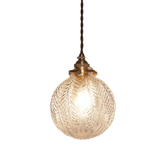 Colonial Global Pendant Light Fixture 1-Head Clear/Smoke Gray Glass Hanging Lamp Kit with Feather Design Clearhalo 'Ceiling Lights' 'Close To Ceiling Lights' 'Glass shade' 'Glass' 'Pendant Lights' 'Pendants' Lighting' 1455763