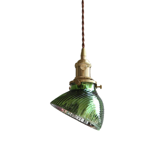 Twisted Bowl Restaurant Hanging Lamp Colonial Clear/Green Prismatic Glass 1-Light Brass Pendant Light Clearhalo 'Ceiling Lights' 'Glass shade' 'Glass' 'Pendant Lights' 'Pendants' Lighting' 1455767
