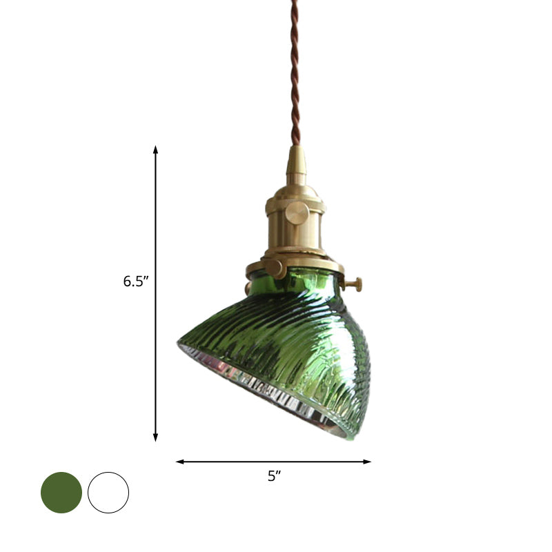 Twisted Bowl Restaurant Hanging Lamp Colonial Clear/Green Prismatic Glass 1-Light Brass Pendant Light Clearhalo 'Ceiling Lights' 'Glass shade' 'Glass' 'Pendant Lights' 'Pendants' Lighting' 1455768