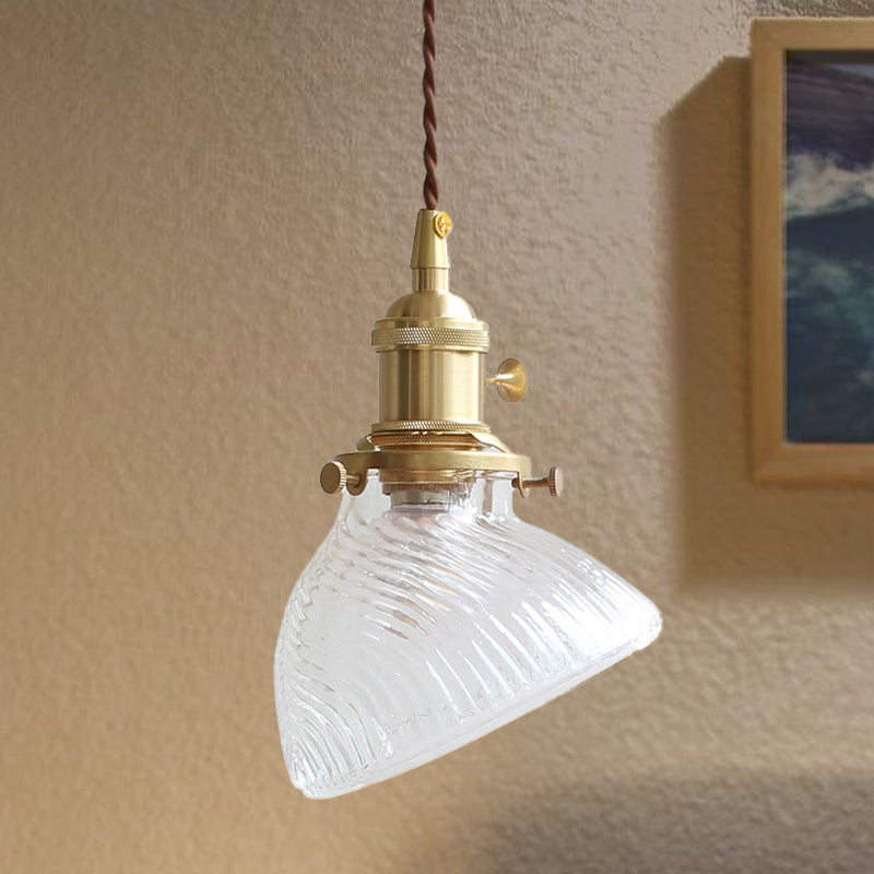 Twisted Bowl Restaurant Hanging Lamp Colonial Clear/Green Prismatic Glass 1-Light Brass Pendant Light Clear Clearhalo 'Ceiling Lights' 'Glass shade' 'Glass' 'Pendant Lights' 'Pendants' Lighting' 1455769