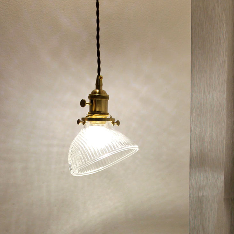 Twisted Bowl Restaurant Hanging Lamp Colonial Clear/Green Prismatic Glass 1-Light Brass Pendant Light Clearhalo 'Ceiling Lights' 'Glass shade' 'Glass' 'Pendant Lights' 'Pendants' Lighting' 1455770