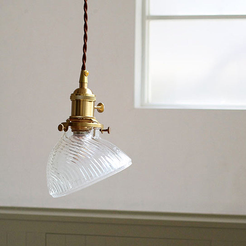 Twisted Bowl Restaurant Hanging Lamp Colonial Clear/Green Prismatic Glass 1-Light Brass Pendant Light Clearhalo 'Ceiling Lights' 'Glass shade' 'Glass' 'Pendant Lights' 'Pendants' Lighting' 1455771