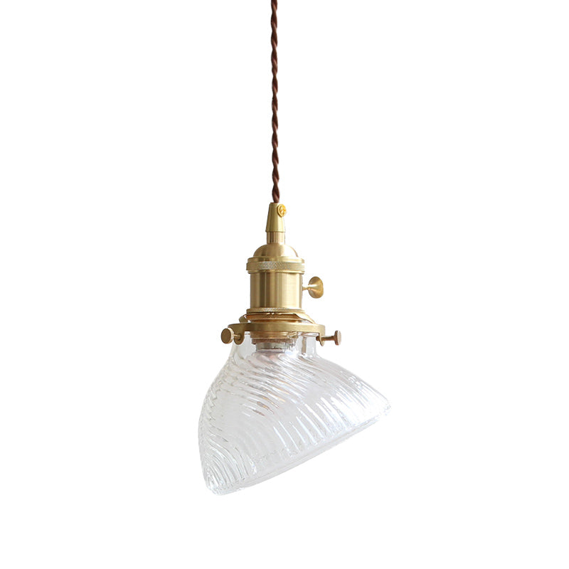 Twisted Bowl Restaurant Hanging Lamp Colonial Clear/Green Prismatic Glass 1-Light Brass Pendant Light Clearhalo 'Ceiling Lights' 'Glass shade' 'Glass' 'Pendant Lights' 'Pendants' Lighting' 1455772