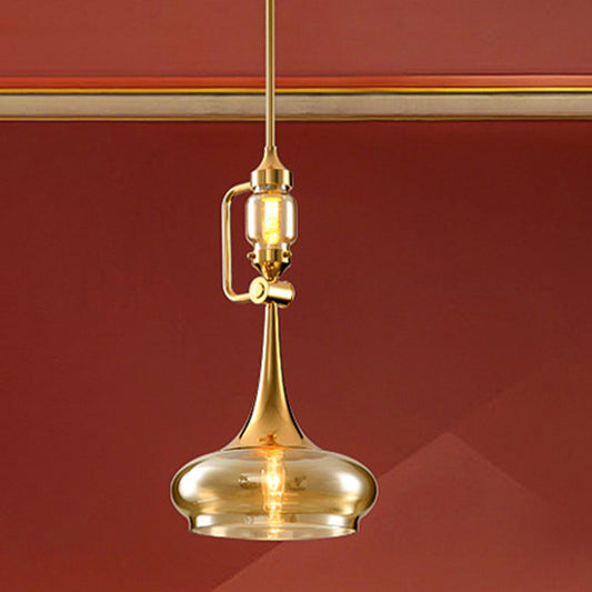 Trumpet Amber Glass Hanging Pendant Colonialism 2 Lights Restaurant Ceiling Light in Gold Clearhalo 'Ceiling Lights' 'Glass shade' 'Glass' 'Pendant Lights' 'Pendants' Lighting' 1455775