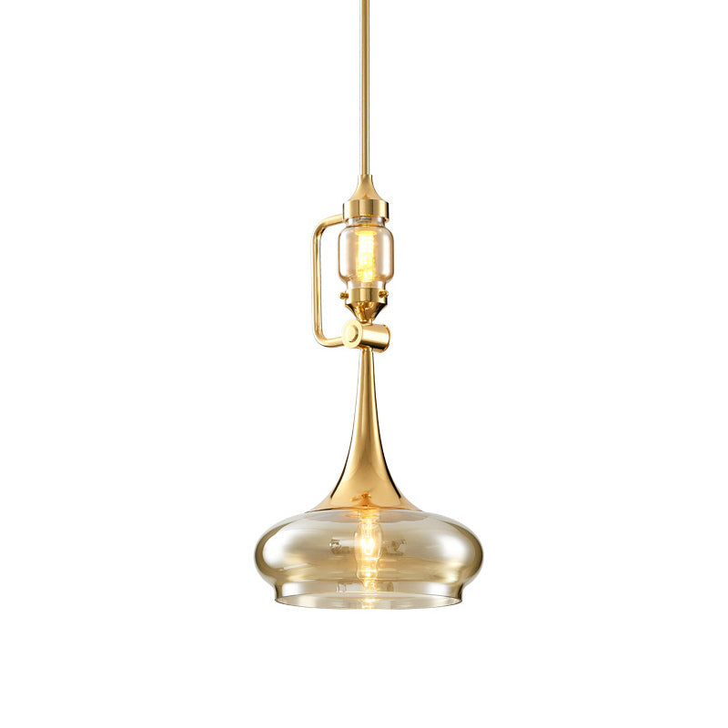 Trumpet Amber Glass Hanging Pendant Colonialism 2 Lights Restaurant Ceiling Light in Gold Clearhalo 'Ceiling Lights' 'Glass shade' 'Glass' 'Pendant Lights' 'Pendants' Lighting' 1455776