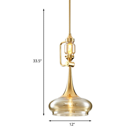 Trumpet Amber Glass Hanging Pendant Colonialism 2 Lights Restaurant Ceiling Light in Gold Clearhalo 'Ceiling Lights' 'Glass shade' 'Glass' 'Pendant Lights' 'Pendants' Lighting' 1455777