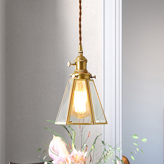 Clear Glass Tapered Suspension Lamp Colonialist 1 Bulb Restaurant Pendant Light Fixture in Gold Clearhalo 'Ceiling Lights' 'Glass shade' 'Glass' 'Pendant Lights' 'Pendants' Lighting' 1455779
