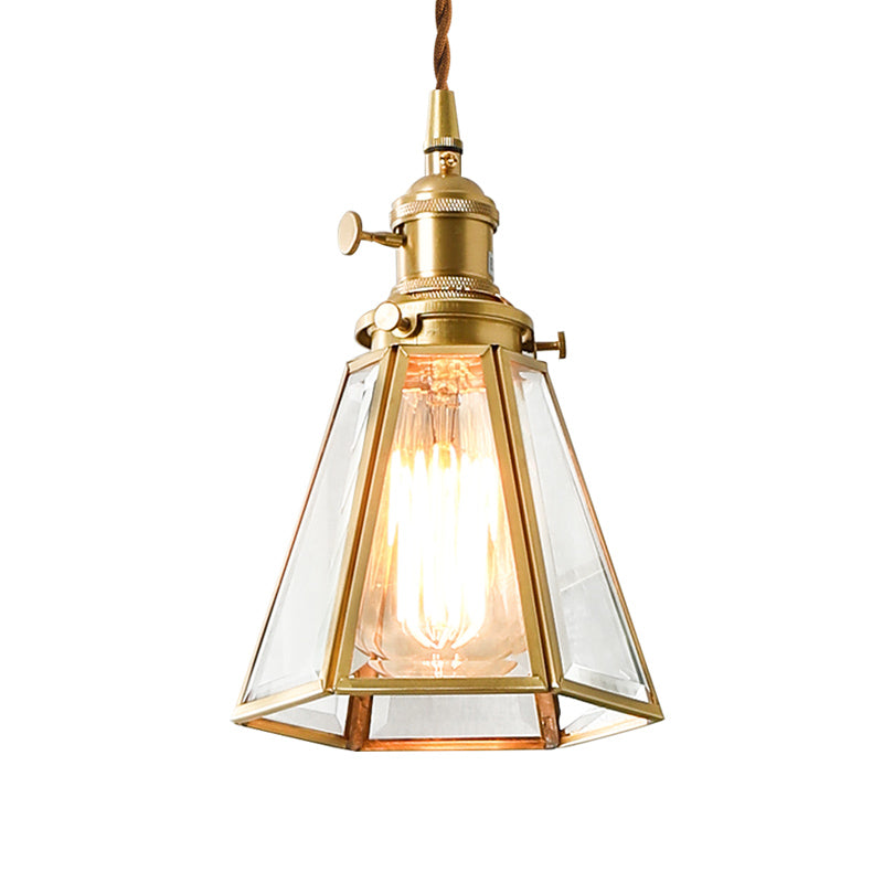 Clear Glass Tapered Suspension Lamp Colonialist 1 Bulb Restaurant Pendant Light Fixture in Gold Clearhalo 'Ceiling Lights' 'Glass shade' 'Glass' 'Pendant Lights' 'Pendants' Lighting' 1455781
