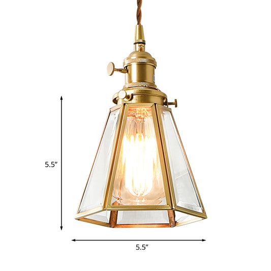 Clear Glass Tapered Suspension Lamp Colonialist 1 Bulb Restaurant Pendant Light Fixture in Gold Clearhalo 'Ceiling Lights' 'Glass shade' 'Glass' 'Pendant Lights' 'Pendants' Lighting' 1455782