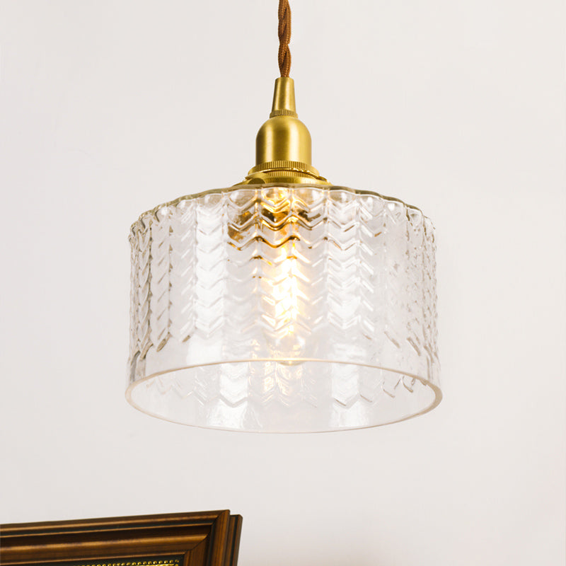 Drum Clear Textured Glass Pendant Colonialist 6"/8" W 1 Head Living Room Hanging Ceiling Light in Gold Gold Clearhalo 'Ceiling Lights' 'Glass shade' 'Glass' 'Pendant Lights' 'Pendants' Lighting' 1455783