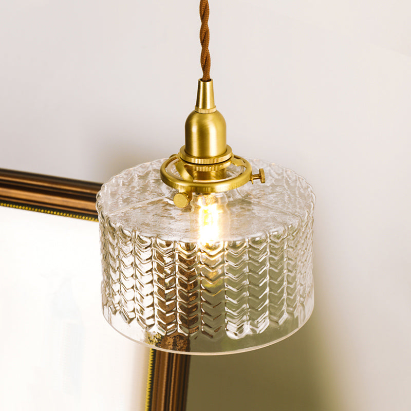 Drum Clear Textured Glass Pendant Colonialist 6"/8" W 1 Head Living Room Hanging Ceiling Light in Gold Clearhalo 'Ceiling Lights' 'Glass shade' 'Glass' 'Pendant Lights' 'Pendants' Lighting' 1455784
