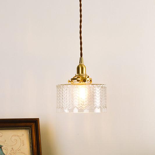 Drum Clear Textured Glass Pendant Colonialist 6"/8" W 1 Head Living Room Hanging Ceiling Light in Gold Clearhalo 'Ceiling Lights' 'Glass shade' 'Glass' 'Pendant Lights' 'Pendants' Lighting' 1455785